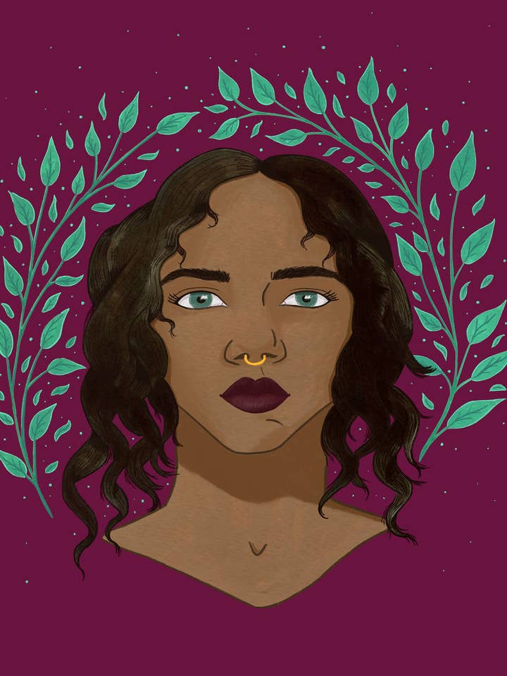 Kunstdruck der griechischen Göttin Circe mit burgunderfarbenem Hintergrund für den Großhandel von Elle Sorridente