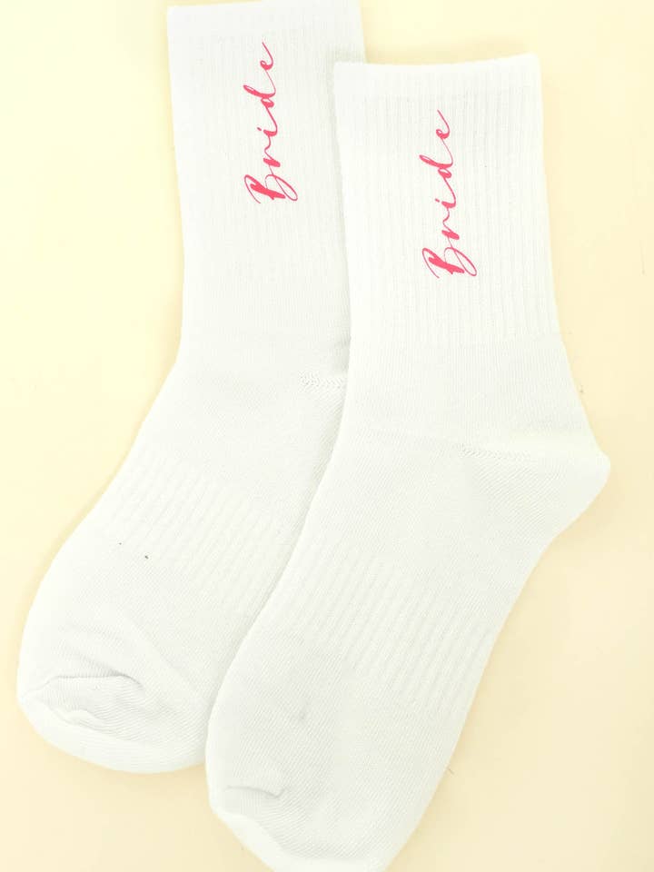 Women's Novelty "Bride to Be" White Cotton Crew Socks for wholesale by SP Sophia Collection
