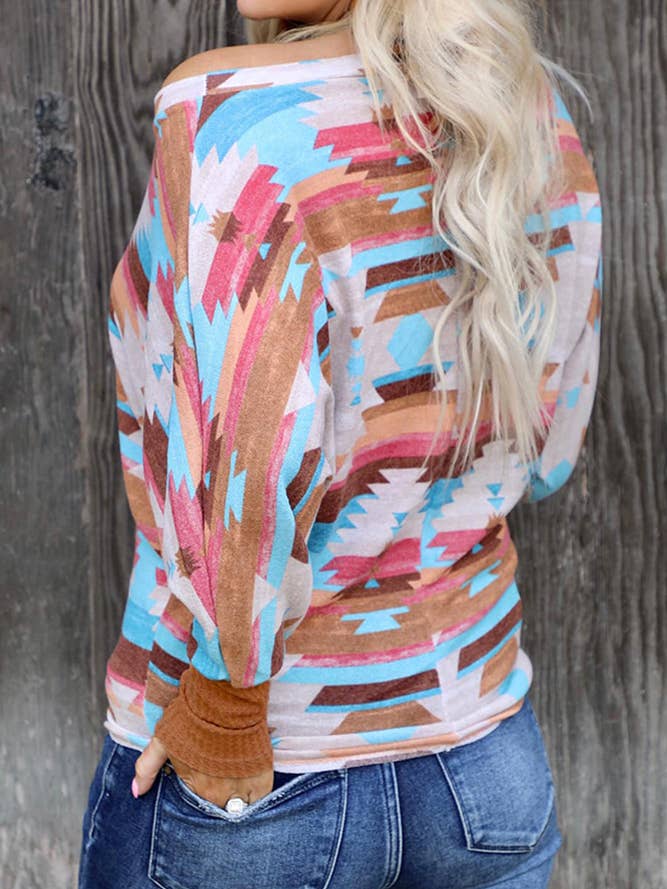 Multi colored TOPW1921 Spring Western Aztec Print O-neck Long Sleeve Top for wholesale on Faire