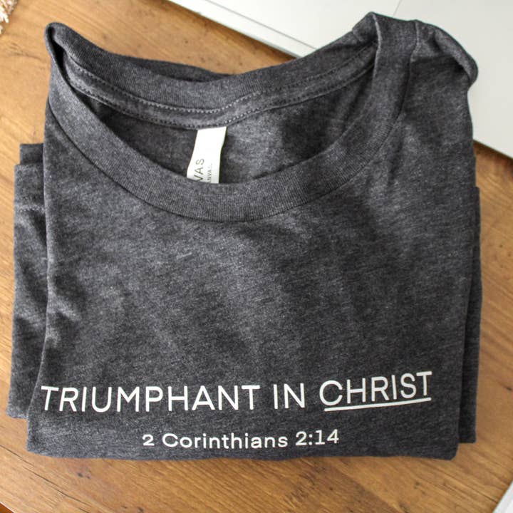 Common Grace Print Shop - Wholesale Screen Printed T-Shirt - Women's - Triumphant in Christ UNISEX Short-Sleeve T-Shirt (Color: Heathered Charcoal)9