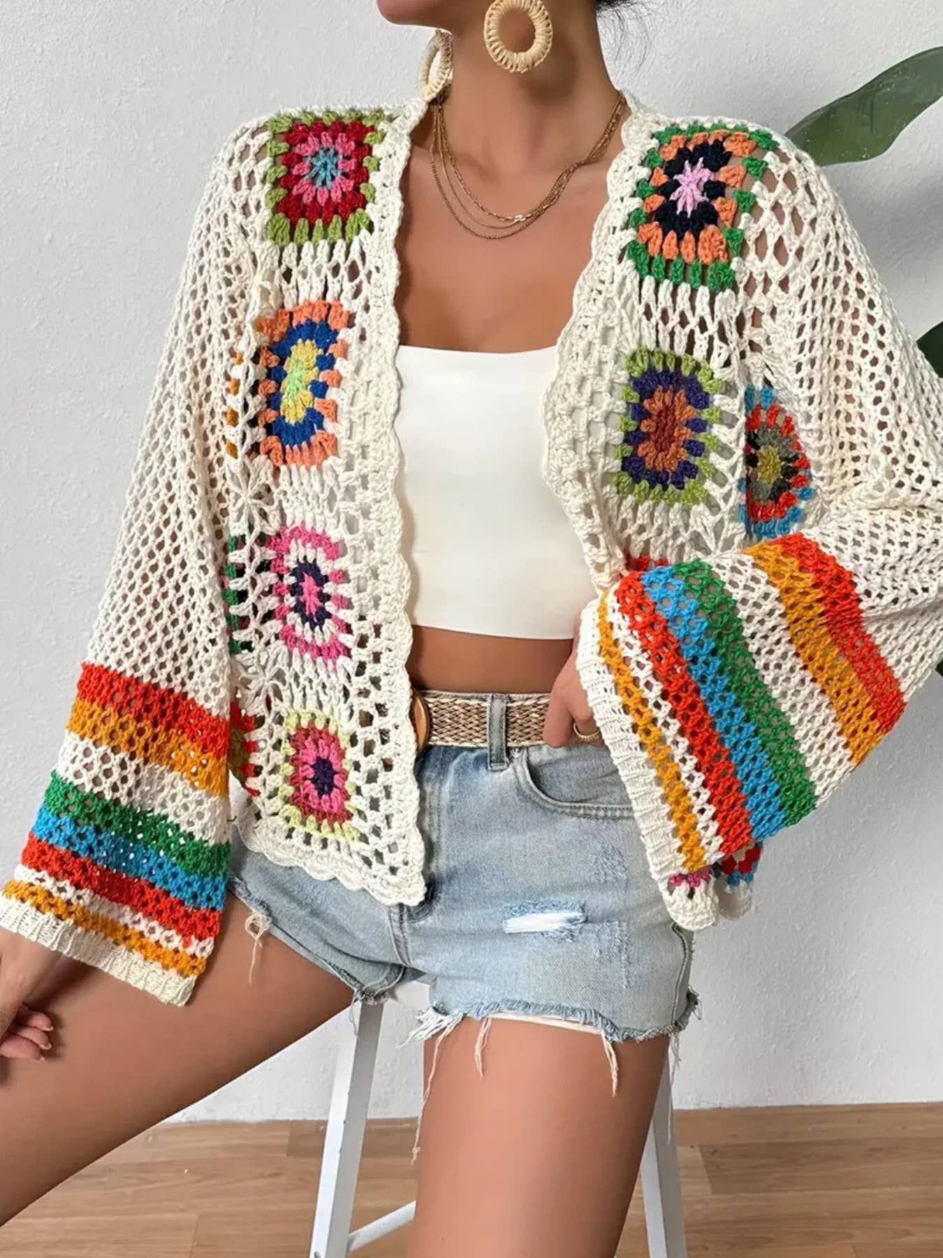 Rosa Clothing - Wholesale Cardigan - Women's - Ethnic Retro Crochet Rainbow Cardigan4
