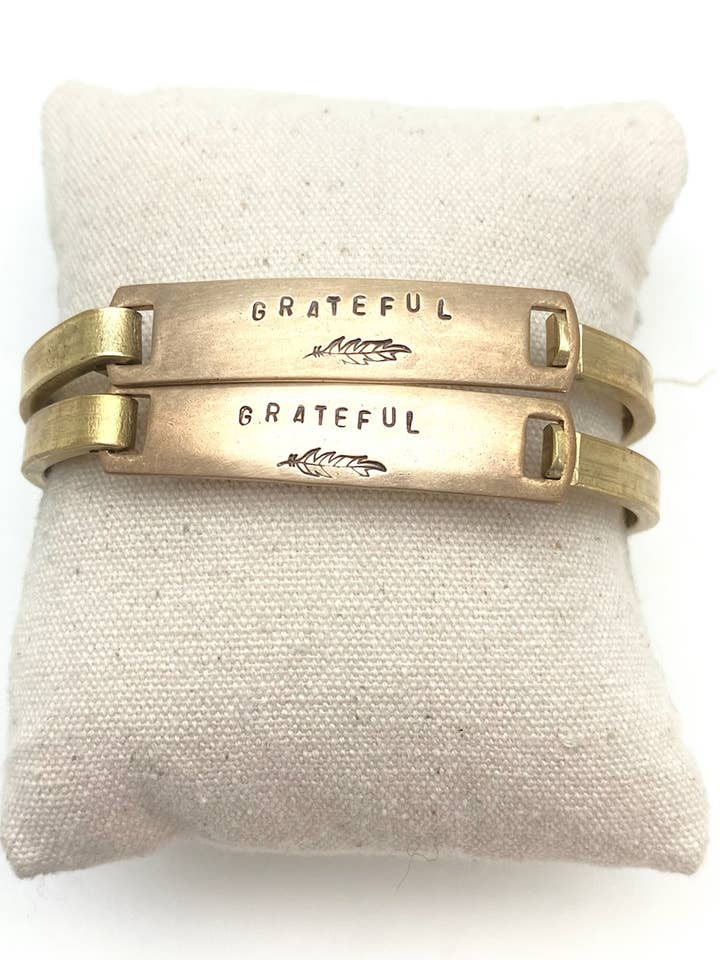 "Grateful" Stamped Clip-Cuff Brass Bracelet for wholesale by Stone Cooper