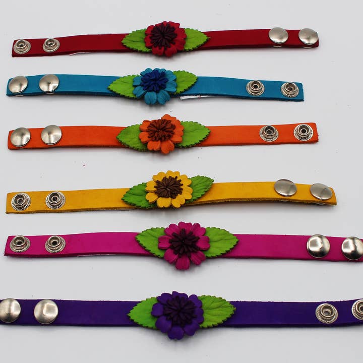 Sunflower Handmade leather inc - Wholesale Cuff Bracelet - as0001-3 12 pcs Bright leather flower bracelets Assorted5