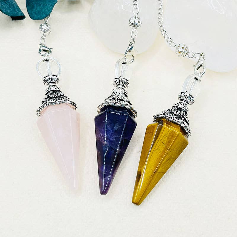 GemMeet - Vente Pierre et cristal de spiritualité - Pendule à esprit hexagonal pyramidal en forme d'œil de tigre en améthyste15