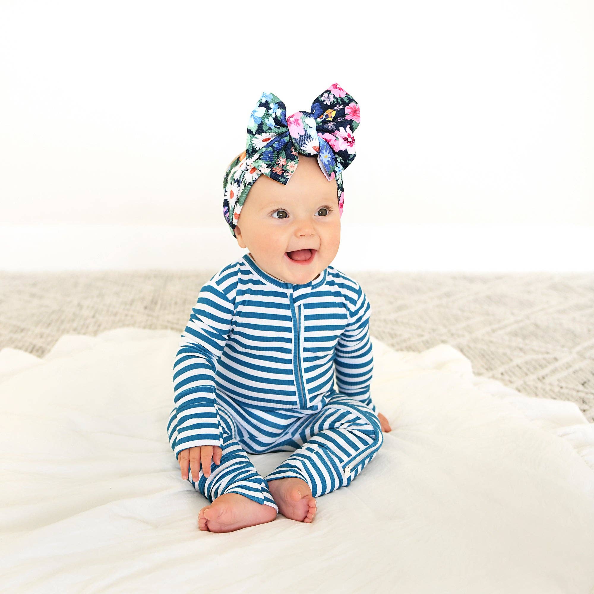 Gigi and Max - Wholesale Jumpsuit - Baby - Cooper Blue Ribbed ZIP Bamboo Striped One Piece 2-Way Zipper2