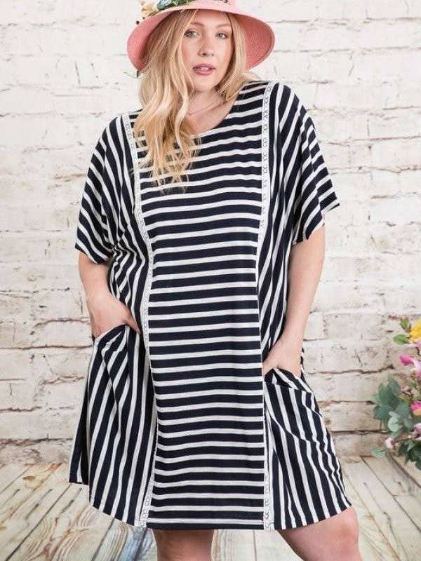 Davi & Dani - Wholesale Dress - Women's - PLUS SIZE STRIPED ELASTIC WAIST DOLMAN DRESS