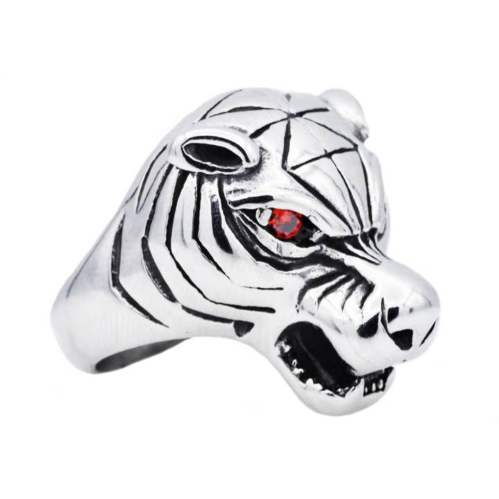 Bague tigre en acier inoxydable pour homme avec zircone cubique rouge pour la vente par Blackjack Mens Jewelry