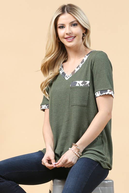 Avery - Wholesale Knit Top - Women's - AV1177-CARLA COW PRINT COLOR BLOCK WAFFLE TOP14