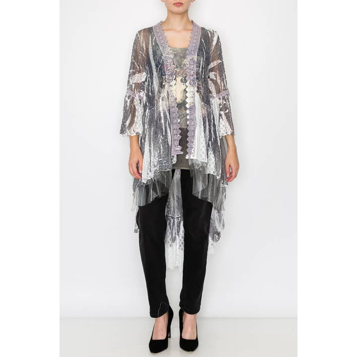 BOHEMISK HELSPETS SPETSKARDIGAN MED HÖG-LÅG DESIGN-4508 IVORY/RODEO för wholesale av Origami Apparel ~ Lace and Crochet inspired