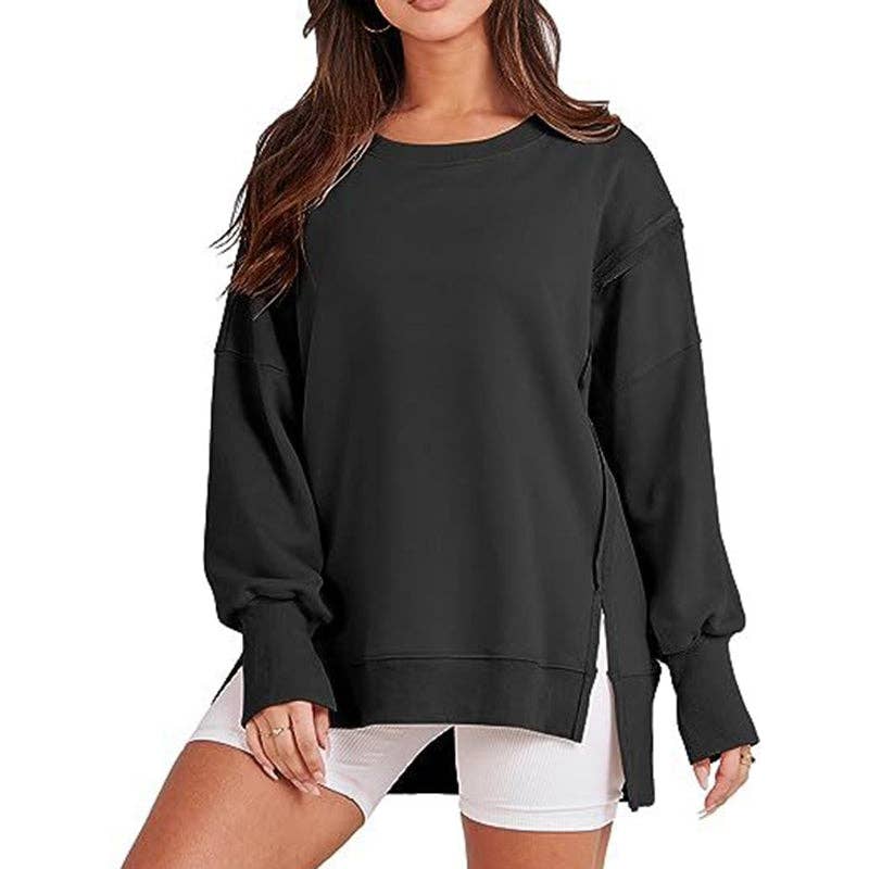 Sheer Trend - Vente Sweat-shirt – femme - Pull haut et bas à manches longues, frangé, couleur unie, joint fendu et col rond1
