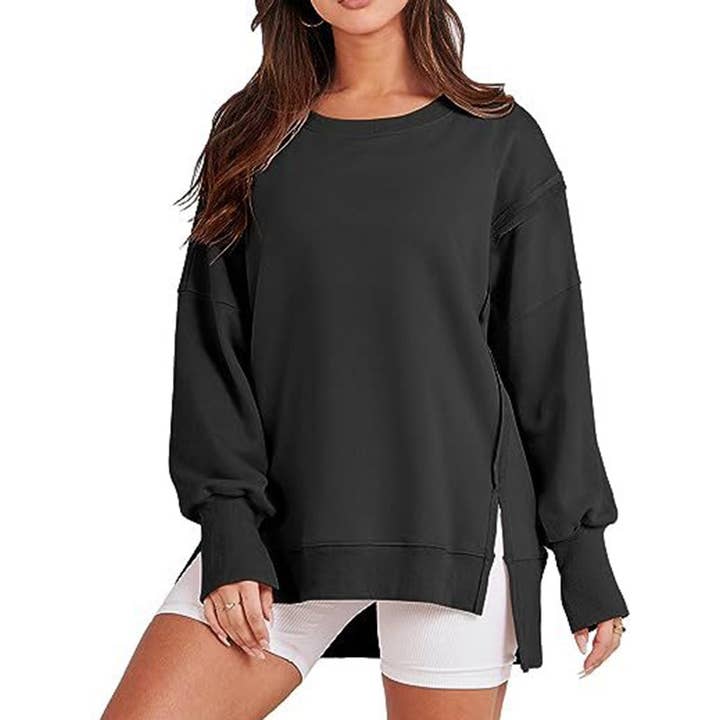 Sheer Trend - Vente Sweat-shirt – femme - Pull haut et bas à manches longues, frangé, couleur unie, joint fendu et col rond1