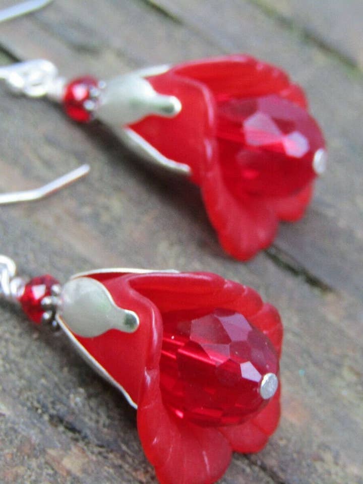 Lucite Flower Earrings Red Tulip Cala Lily Silver Dangle Earrings Sparkling Crystal, Rose Spring Garden Floral for wholesale by Bad Apple Designs
