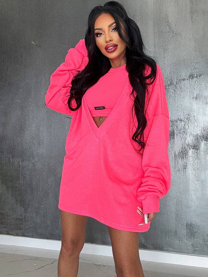 KAKI Completo due pezzi: mini abito e top smanicato a girocollo in tinta unita, vestibilità ampia in vendita all'ingrosso su Faire5