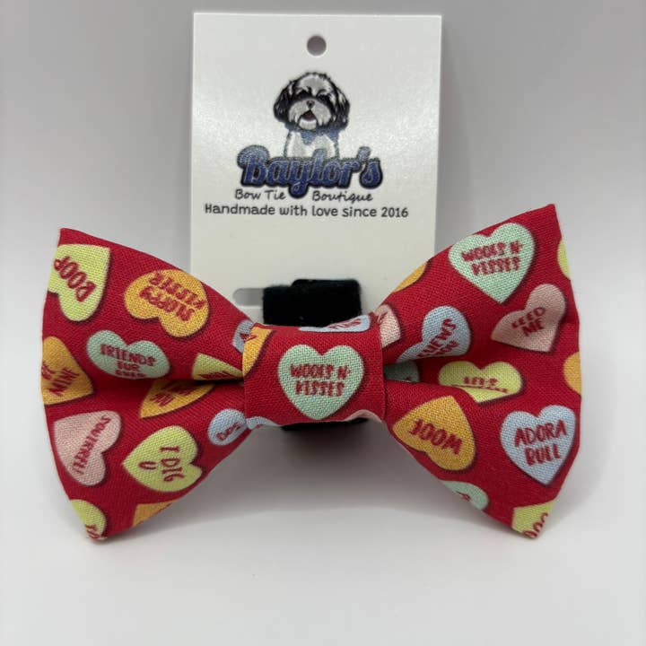 Conversation Heart Dog Bow Tie, dog valentines day for wholesale by Baylor's Bow Ties