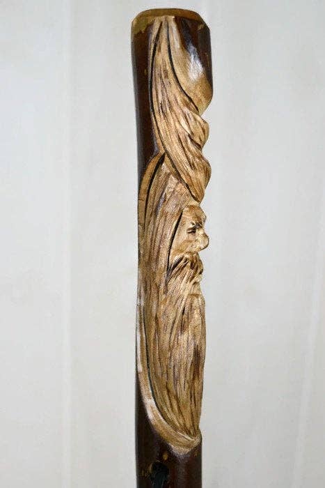 Creation Carvings LLC - Wholesale Fitness Equipment - Dark Wood Walking Stick + Hand Carved Wood Spirit + Made in the USA up to 60"5