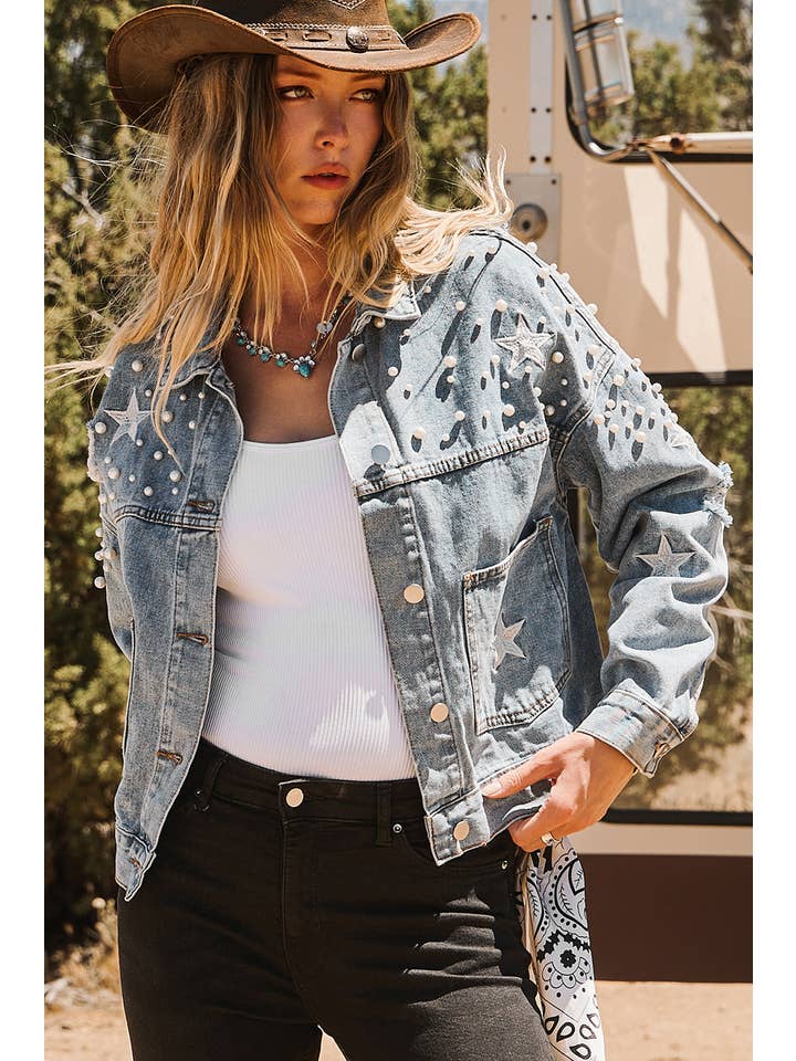 fashionworks - Wholesale Denim Jacket - Women's - Fashion-W Western Distressed Pearls Star Crop Denim Jacket