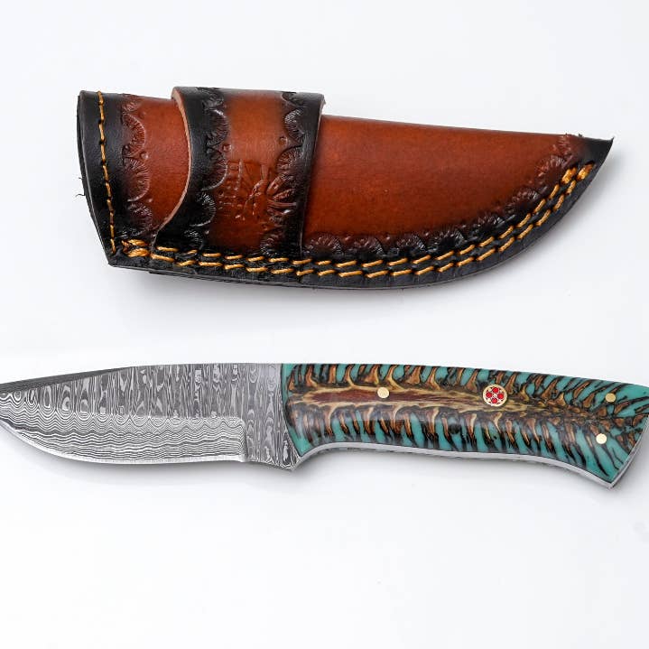 Hand-Forged Damascus Steel Skinner Knife — Stabilized Pine Cone & Teal Resin Handle with Mosaic Pin for wholesale by Titan International