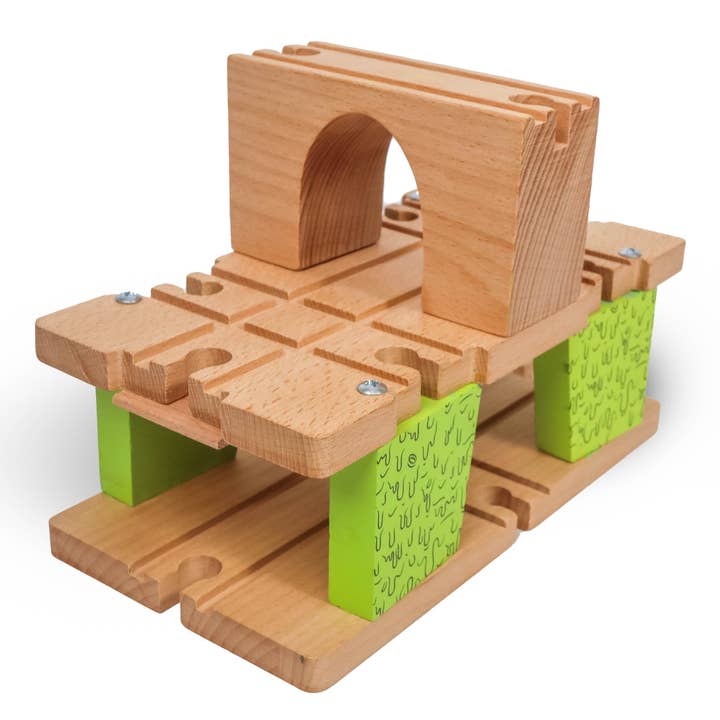 Twinkle Toys LLC - Wholesale Wood Toy - Kids - 3 Level Wooden Bridge and Train Tunnel - Zany Trains - Toxic