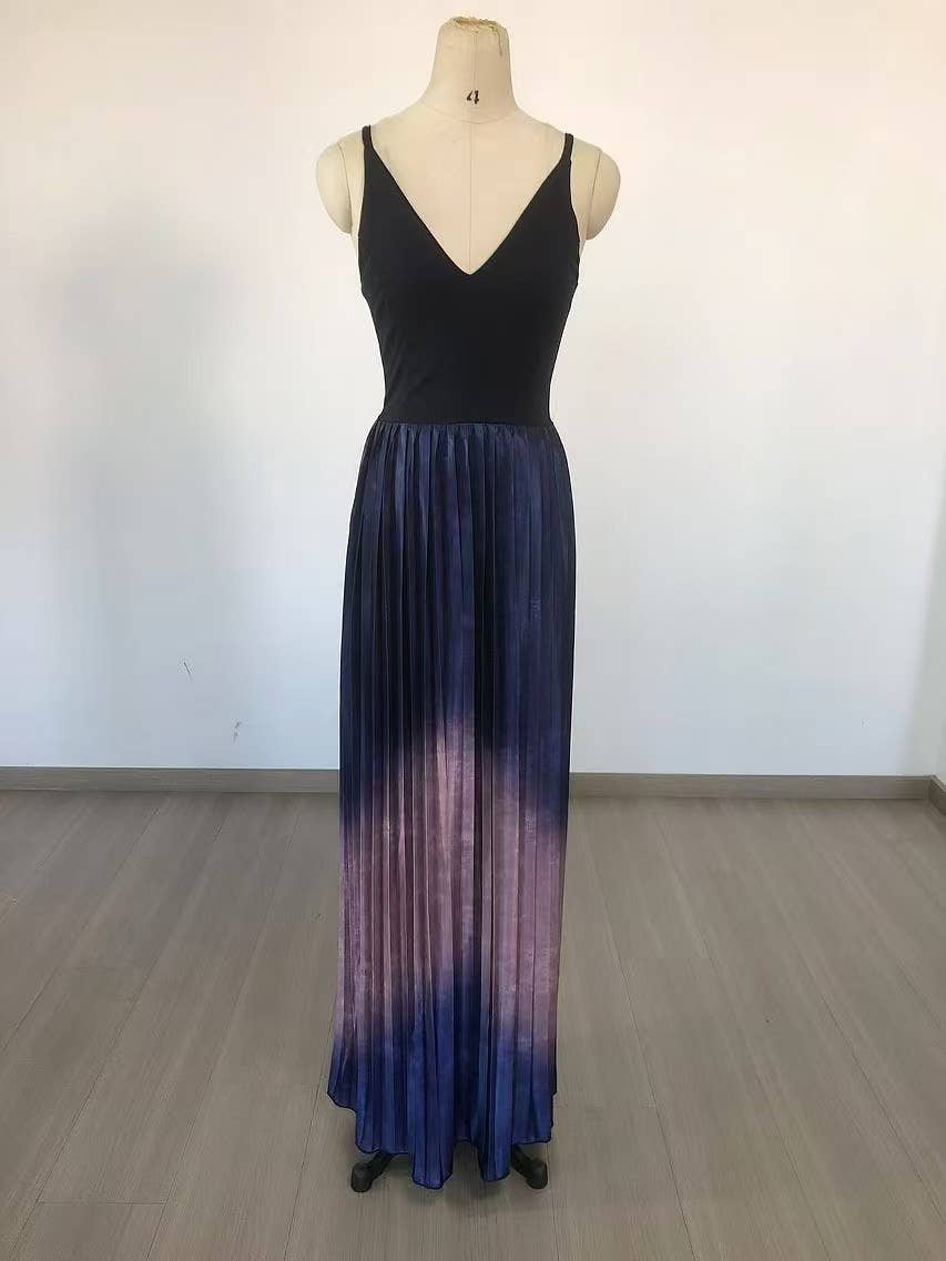 Flerfärgad DR355 Gradient veckad swing aftonklänning med djup V-hals för wholesale på Faire5