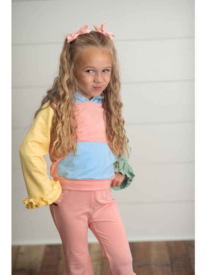 Oopsie Daisy - Wholesale Top & Pant Set - Kids - Kids Pastel Color Block Hooded Ruffle Pocket Fall Lounge Set7