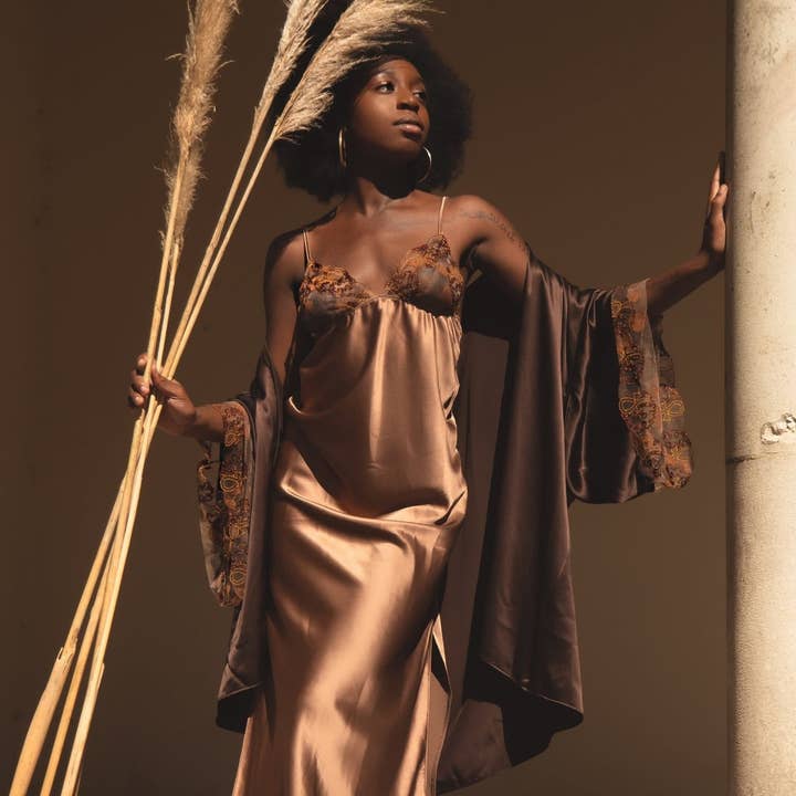 Ma'at Bronze Silk & Embroidered Slip for wholesale by IHUOMA