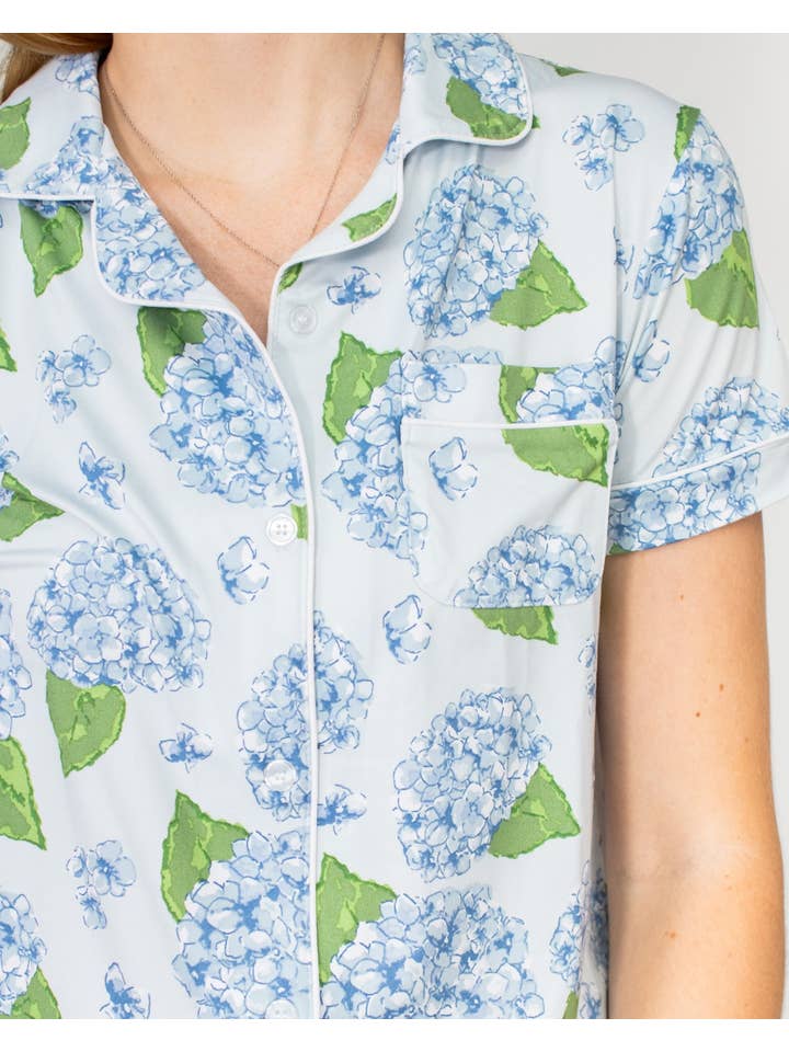 The Royal Standard - Wholesale Sleepwear Top - Women's - Hydrangea Short Sleeve Button Up Sleep Shirt Illusion/Blue/Green -Asst.2
