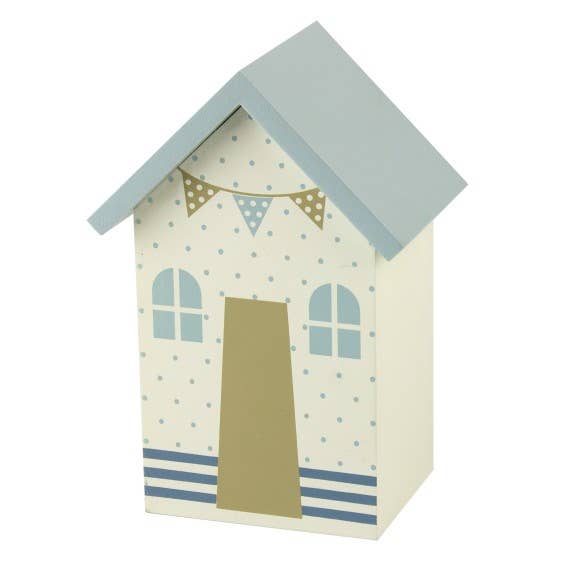 Beach Hut Money Box, Blue Dots, 16cm for wholesale by Nauticalia