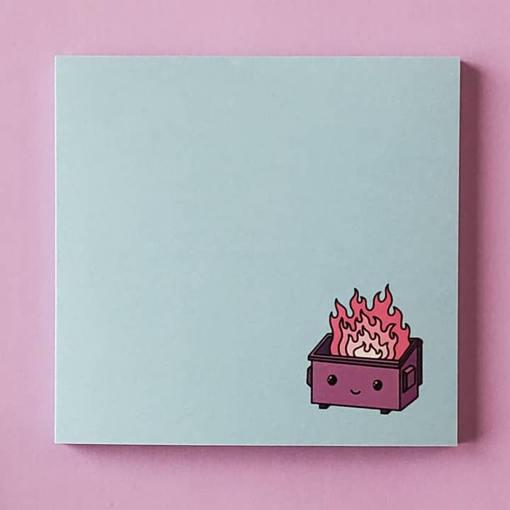 StrangelyArranged - Wholesale Sticky Notes - Sticky Notes | Purple Dumpster Fire on Blue Background0