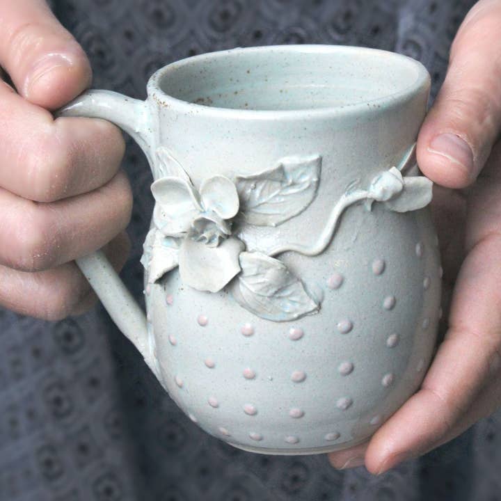 Pansy - Blue stoneware mug with raised pink dots for wholesale by L'Officina