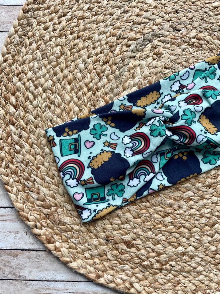Green Shamrock Pot of Gold Rainbow Knit Twist Headband for wholesale by Designs by Rachel Joy