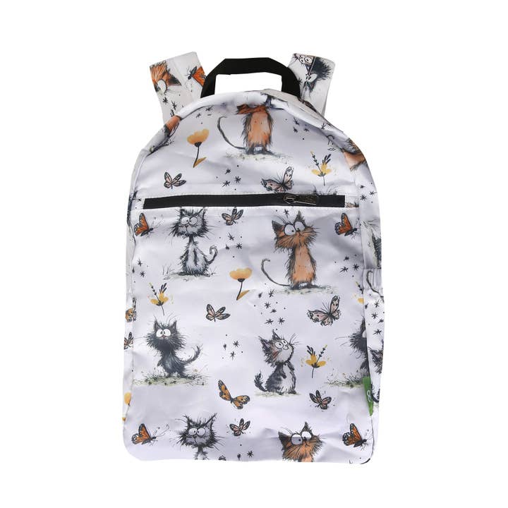 B111WT - Eco Chic Lightweight Foldable Backpack Whimsy Cats White (Pack of 2) for wholesale by Eco Chic