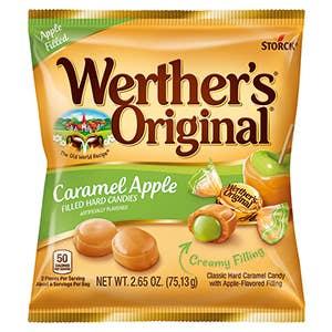 Grandpa Joe's Candy Shop – wholesale Boiled sweets – Werther's Caramel Apple Filled 2.65oz Peg Bag, 12ct