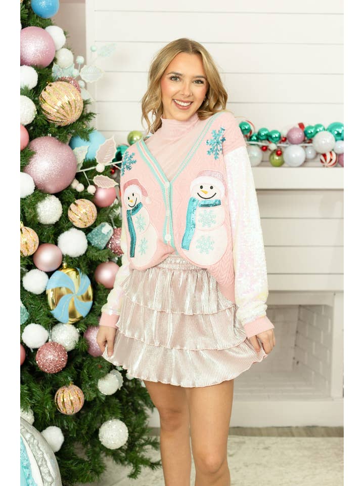 Pink Snowman Cardigan with Sequin Sleeves for wholesale on Faire2