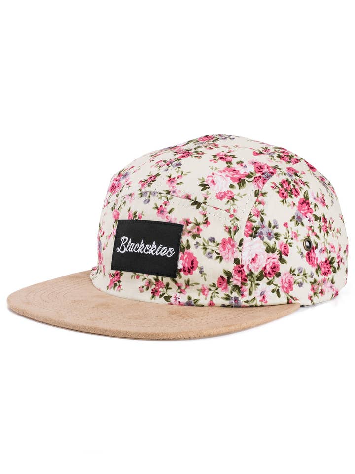 Casquette 5 panneaux florale Sakura - Blanc-Floral-Daim pour la vente par Blackskies