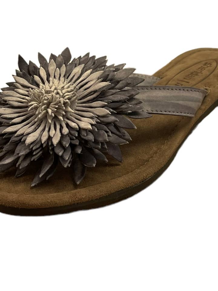SUNBURST FLOWER LEATHER THONG SANDAL - BLACK for wholesale by Sheridan Mia