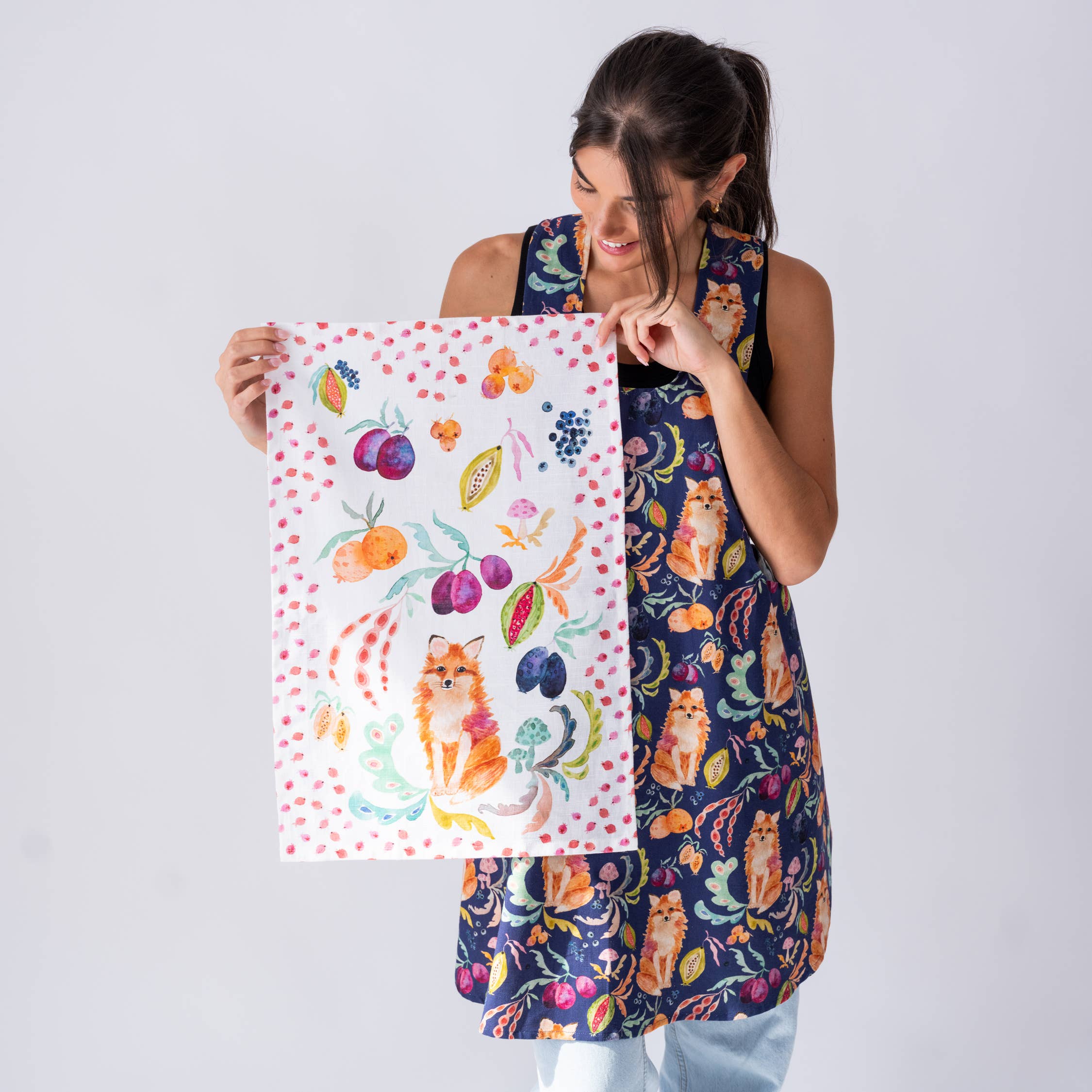 BETSY OLMSTED - Wholesale Apron - Pinafore Apron- Fox in the Orchard plum2