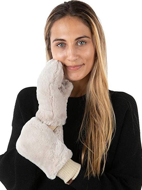 Faux Fur Convertible Mitten - Beige for wholesale by Funky Junque
