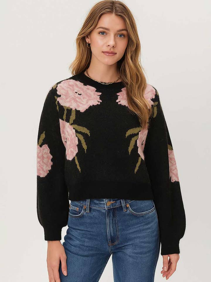 Ladies Round Neck Floral Pattern Lantern Sleeves Sweater for wholesale by Sweetkama