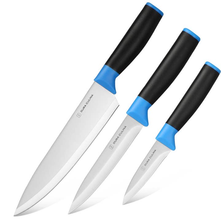 Dura Living LLC - Wholesale Knife Set - Duo-Grip 3 Piece Kitchen Knife Set With Blade Guards, Blue