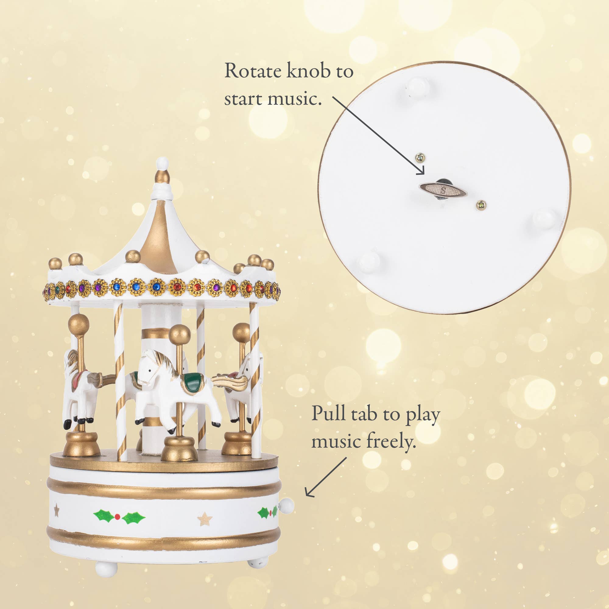 EAST AVENUE - Wholesale Decorative Tabletop Object - Rotating Carousel White 9-in Wood Musical Christmas Figurine4