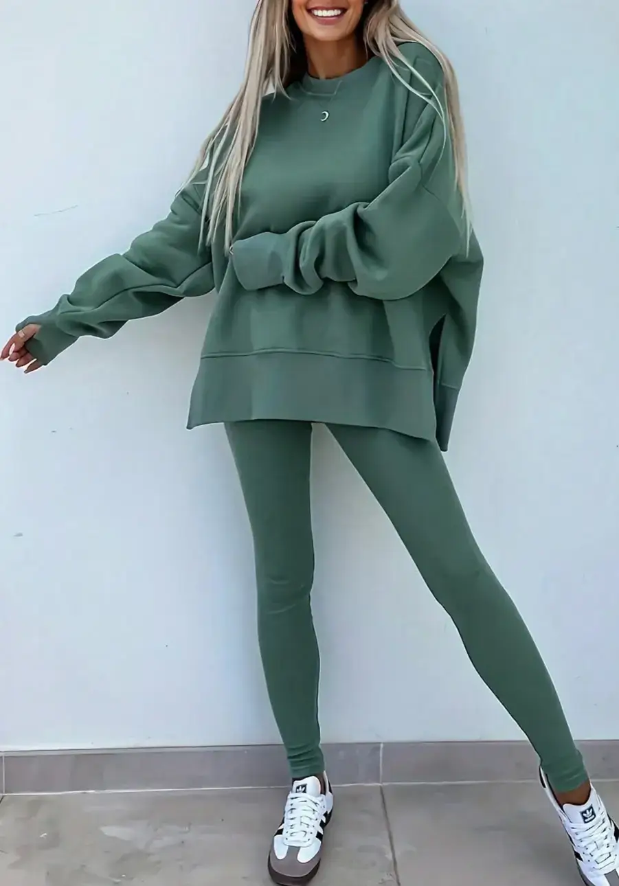FULL TIME PURCHASE - Wholesale Lounge Set - Women's - Solid Color Oversize Slit Sweatshirt Ribbed Leggings 2pcsSet3