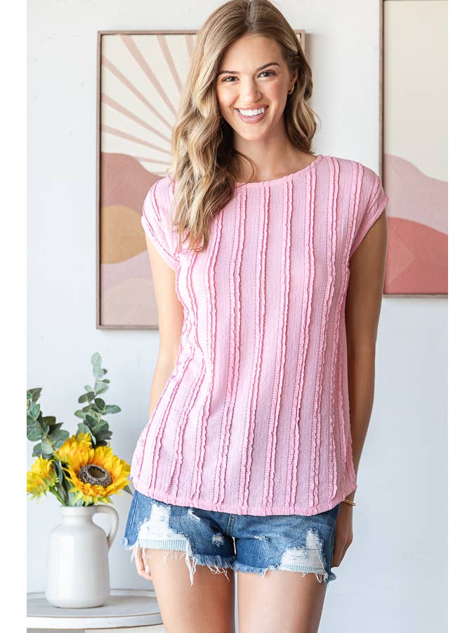 7th Ray - Vendita all'ingrosso Camicetta - Donna - Blusa a maniche corte con texture a righe leggere T59483