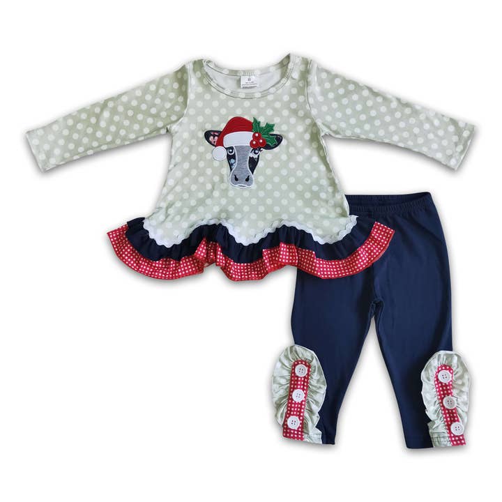 Yawoo Garments - Wholesale Top & Leggings Set - Kids - Cow embroidery ruffle runic leggings girls Christmas outfits