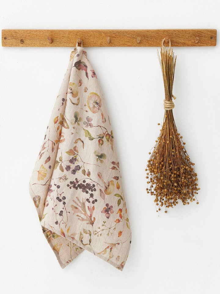 Linen tea towel in Autumn forest print for wholesale by MagicLinen (We handle U.S. import procedures for you)