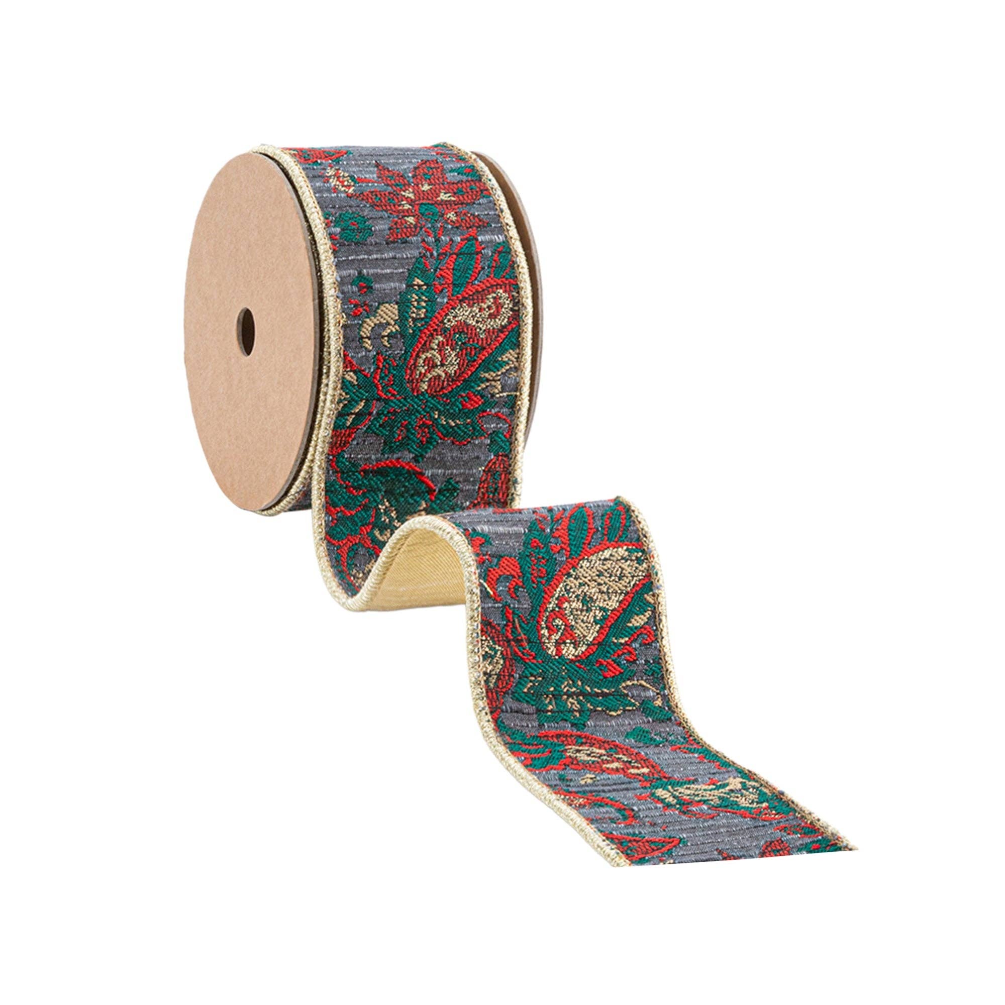 LA Ribbons Wholesale – Großhandel Band – Geschenke verpacken – 6,35 cm breites Jacquardband mit Drahtkante | Burgunderrotes Damast-Paisley mit goldener Dupioni-Rückseite | 9,14 Meter Rolle2