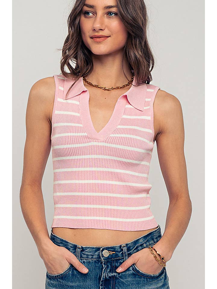 Urban Daizy - Wholesale Knit Top - Women's - Retro Preppy Striped V Neck Sleeveless Ribbed Polo Crop Top