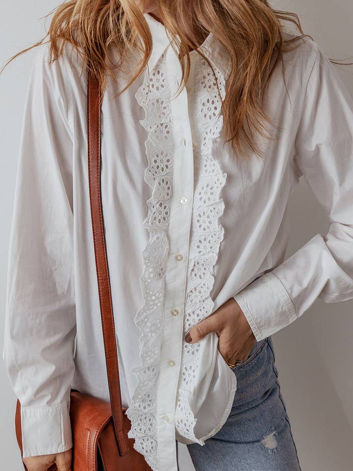 White Eyelet Lace Trim Buttoned Shirt for wholesale on Faire