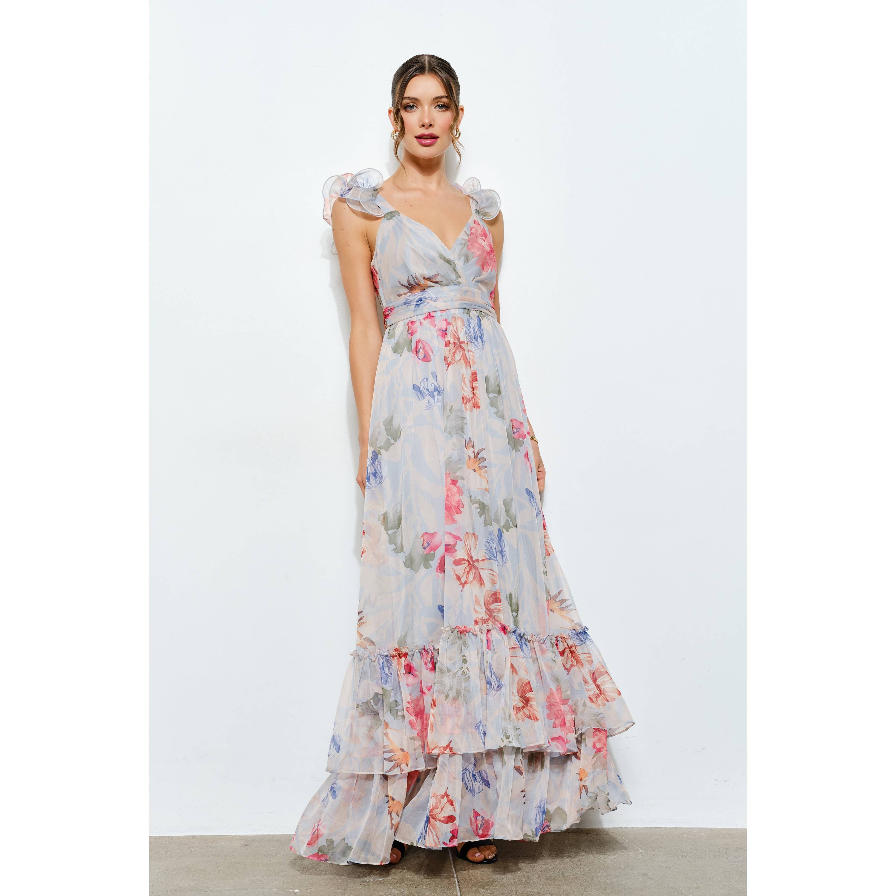 INA - Vendita all'ingrosso Vestito - Donna - Abito lungo a balze in chiffon floreale con spalle arricciate17