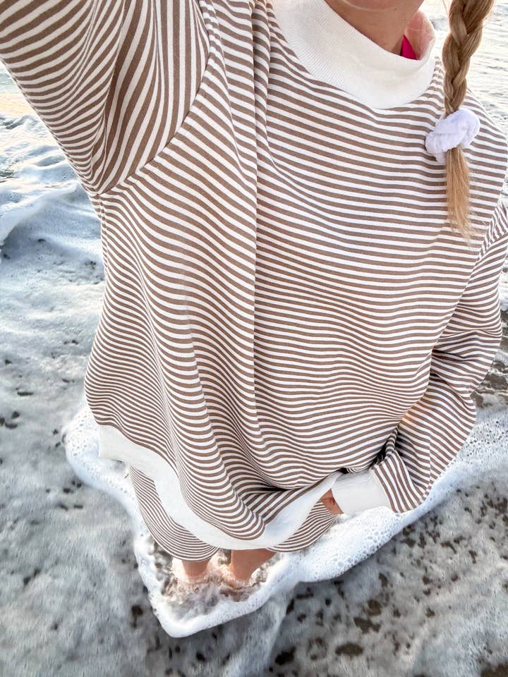 Brown and White Big Striped Mockneck Sweatshirt for wholesale by Sunkissed Coconut