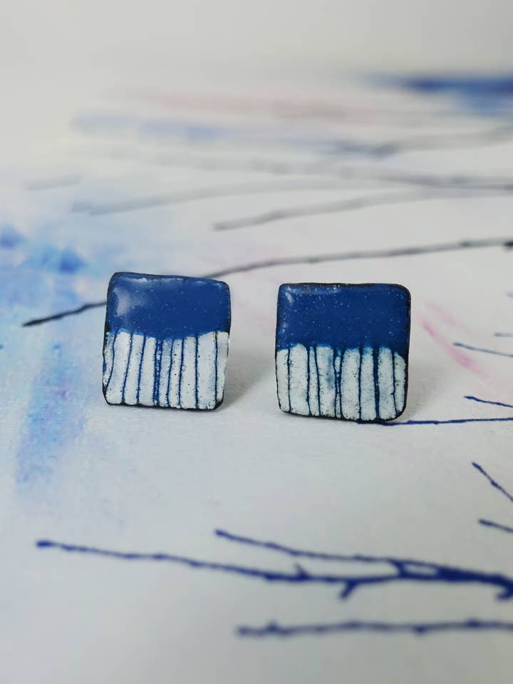 Square Copper Enamel Studs with Hand Drawn Pattern-Turquoise for wholesale by 830 Degrees